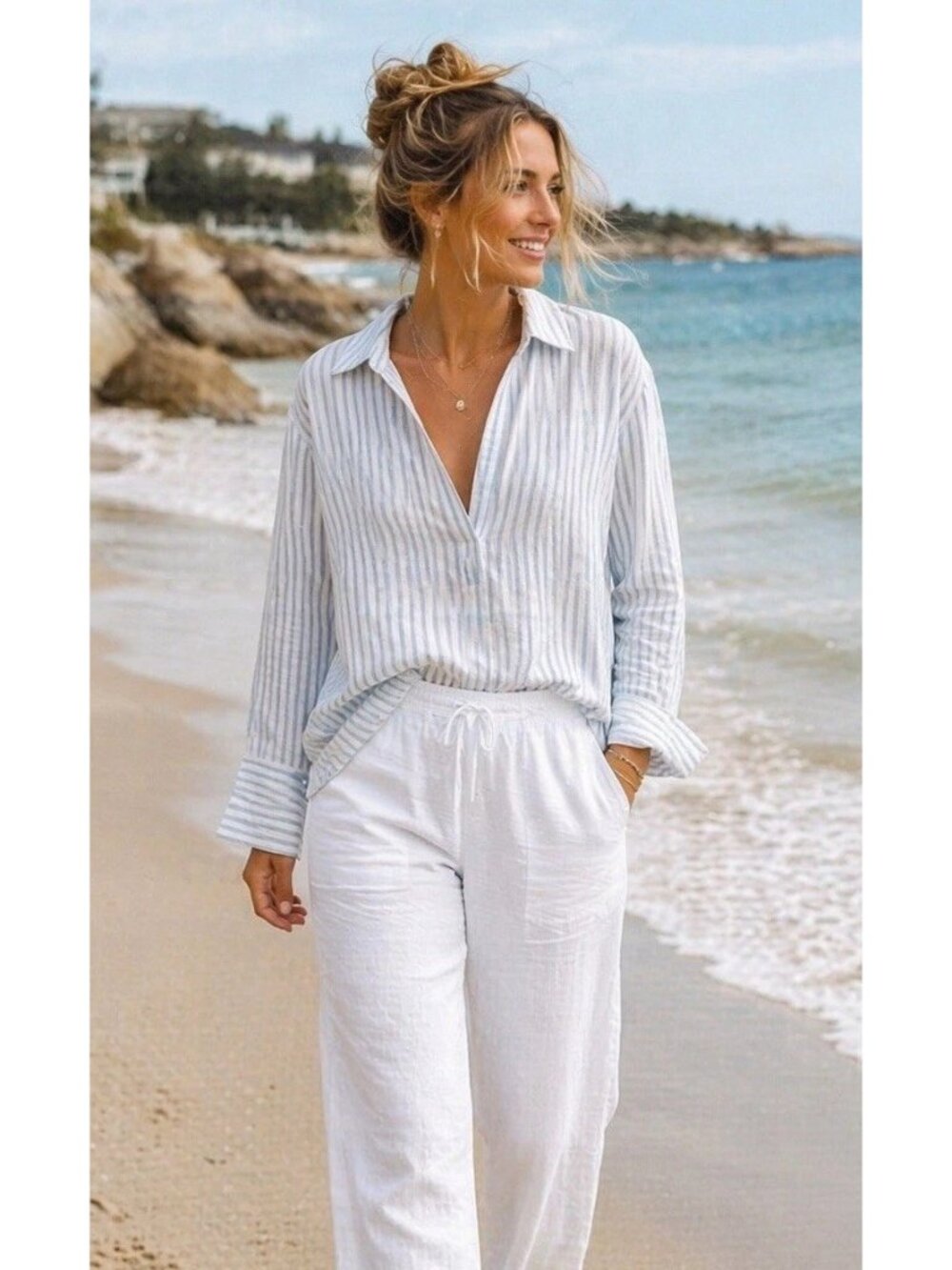 Martha Stewart Linen Striped Blouse Blue White Coastal Relaxed Fit Top Medium